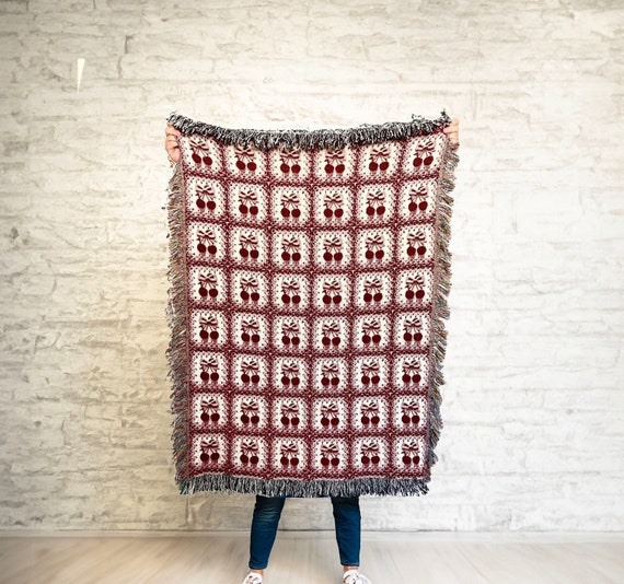 Cherry Bows Blanket Cotton Woven Throw Blanket Garden Blanket, Cottagecore Room Decor Idea Gift Coquette Aesthetic Wall Tapestry