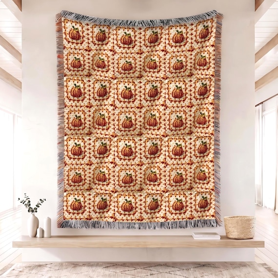 Pumpkin Granny Square Throw Blanket, Cozy Autumn Fall Woven Tapestry, Cottagecore Aesthetic Bedding, Retro Halloween Quilt Look Throw