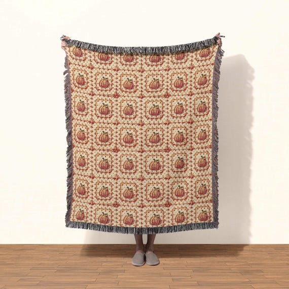 Fall Throw Blanket Cozy Fall Decor, Woven Cotton Throw Blanket, Autumn Cottagecore Granny Square Blanket Pumpkin Aesthetic New Home Gift