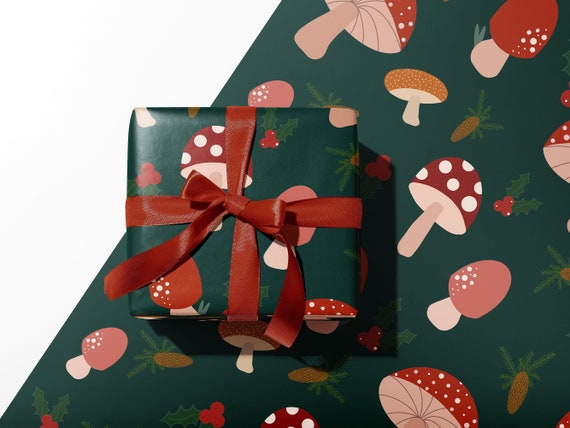 Cute Festive Mushroom and Frog Pattern Christmas Wrapping Paper Sheets