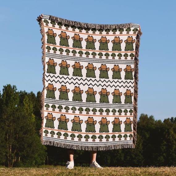 Frog Cowboy Hat Throw Blanket, Woven Cotton with Mushroom Fair Isle Pattern