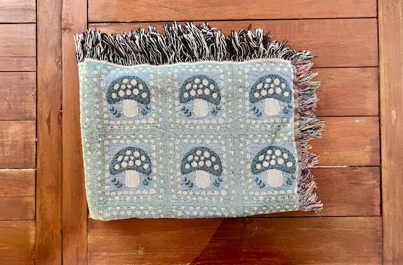 Woven Throw Blanket Mushroom Granny Square, Mushroom Cottagecore Decor, Nature Lover Mushroom Gift 100% Cotton Heirloom Quality Blanket