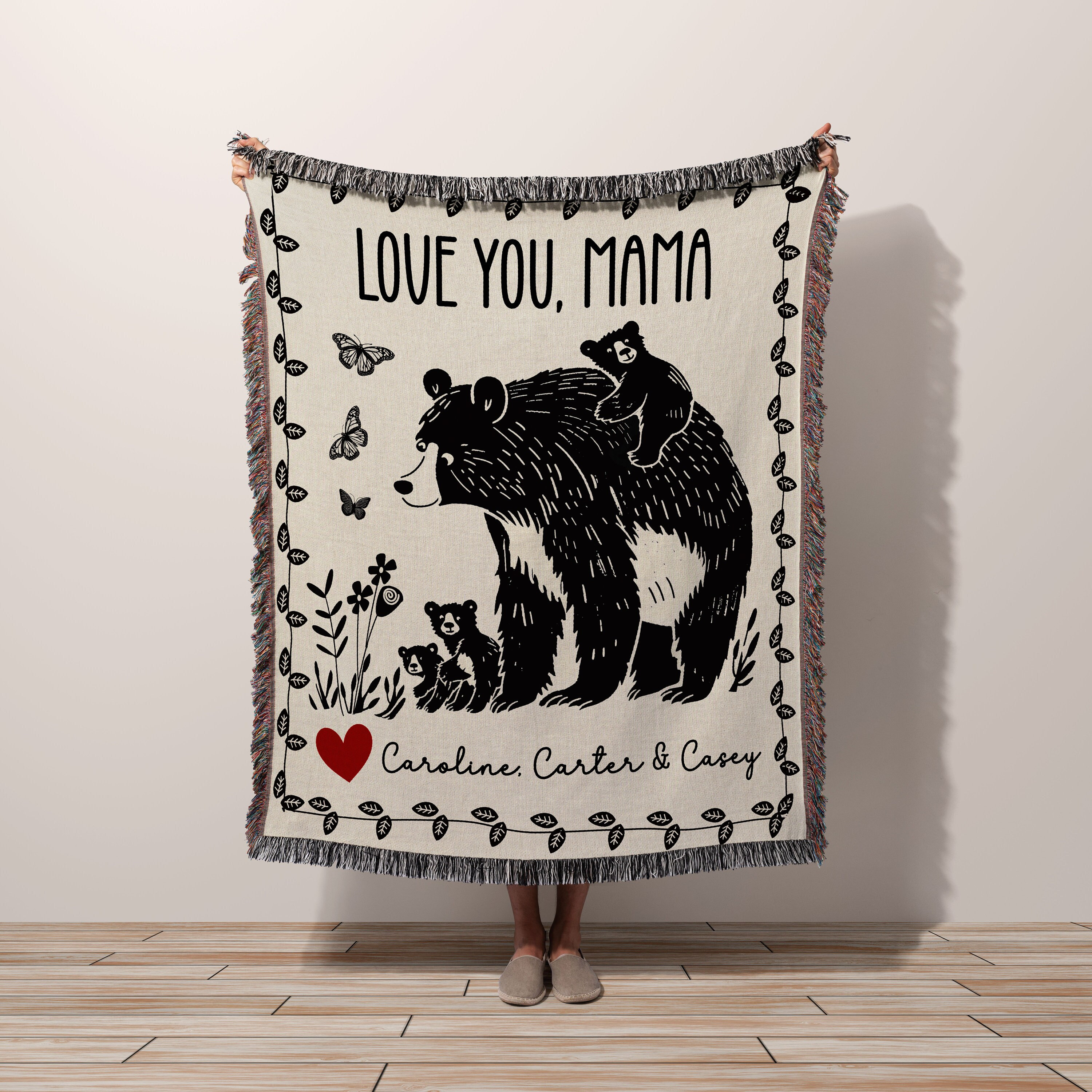 Personalized Mama Bear Cub Blanket, Floral Butterfly Tapestry