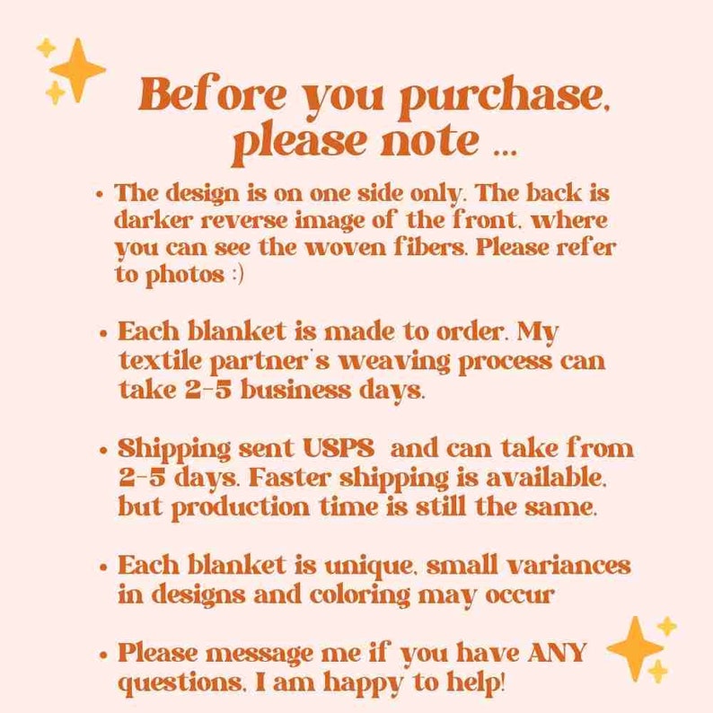 May include: A peach-coloured graphic with text that reads "Before you purchase, please note..." followed by bullet points about the product's design, production time, and shipping. Two gold starburst graphics are in the corners.