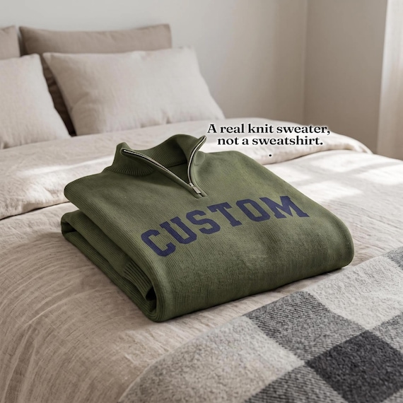 Custom Quarter Zip Jacquard Knit Sweater, Personalized Woven Text Pullover, Monogrammed 1/4 Zip Knitwear Gift for Him & Her