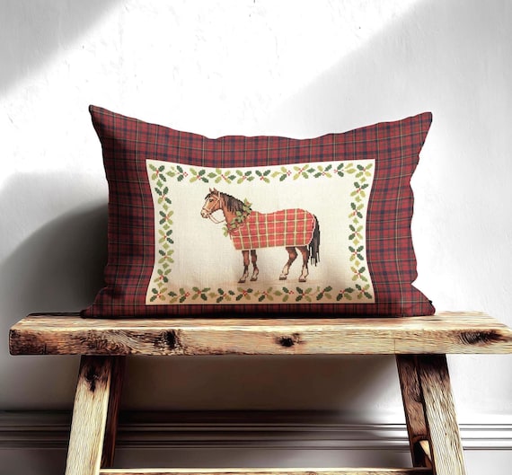 Plaid Horse Lumbar Pillow, Equestrian Christmas Decor,  Lodge Holiday Cushion, Cozy Cabin Tartan THROW Pillow Rustic