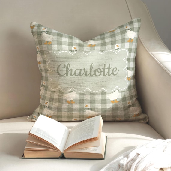 Personalized Goose Throw Pillow Sage Green Gingham Nursery Decor, Custom Baby Shower Gift
