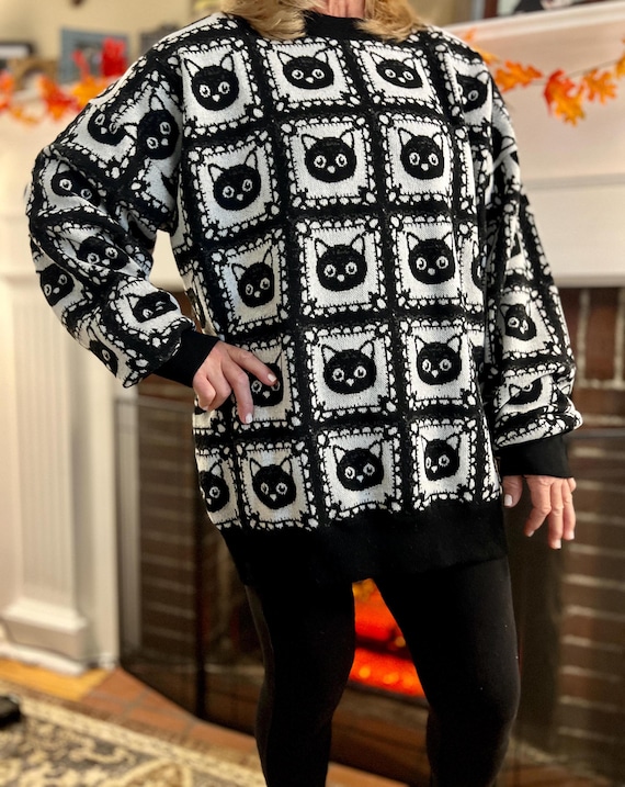 Black Cat Sweater Cat Cardigan Granny Square Knit Sweater, Unisex Crewneck  Cardigan or Sweater Vest Unique Cat Lover Gift Fall Winter Knit