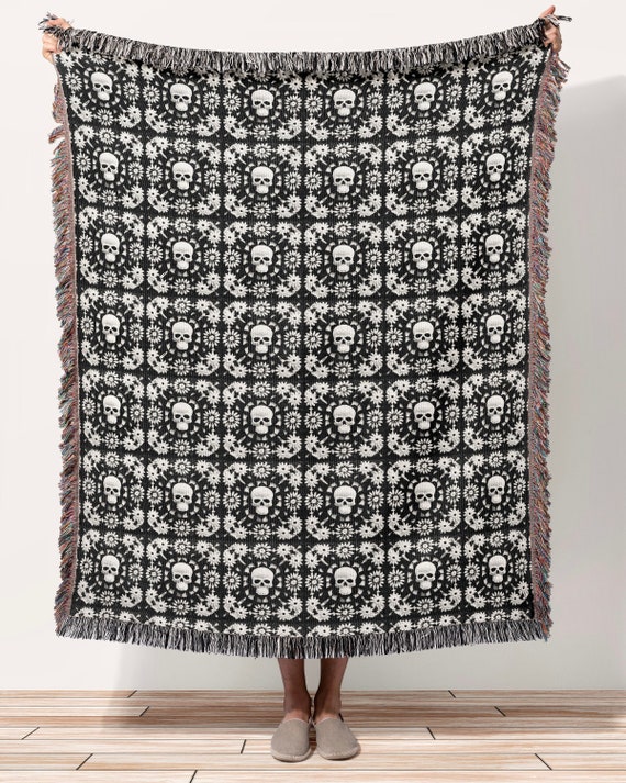Granny Square Skull Woven Throw Blanket | Faux Crochet Gothic Decor | Made in USA | Cozy Halloween Fall Autumn | Dorm College Student Teen