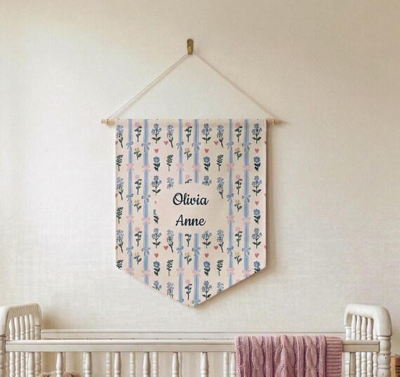 Personalized Name Pennant Banner | Floral Bow Coquette Design Nursery Wall Decor | Baby Shower Gift