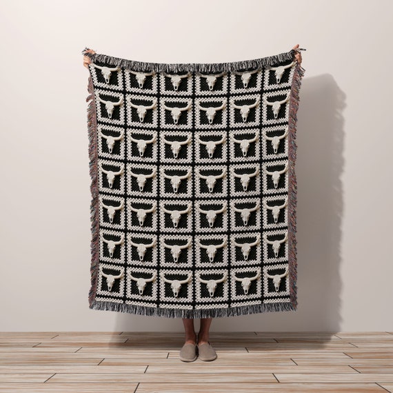Granny Square Throw Blanket Western Bull Skull | Faux Crochet Gothic Decor | Western Gothic Home Decor | Western Cowboy Tapestry | Wall Art