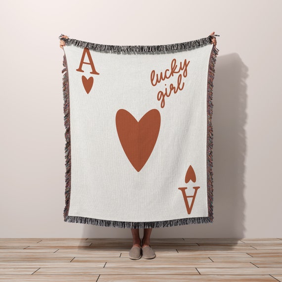 LUCKY GIRL Woven Throw Blanket Ace Playing Card | Preppy Girly Aesthetic | Lucky New Apartment Gift New Home Gift | Downtown Girl Aesthetic