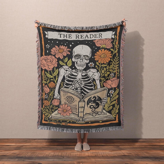 Woven Tarot Blanket | Skeleton, Book Lover, Dark Academia Home Decor