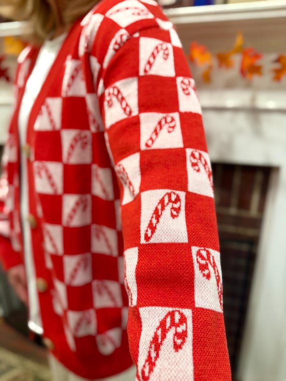 CHRISTMAS KNIT CARDIGAN Sweater,  Checkered Candy Cane Christmas Holiday Cozy Cardigan Button Up