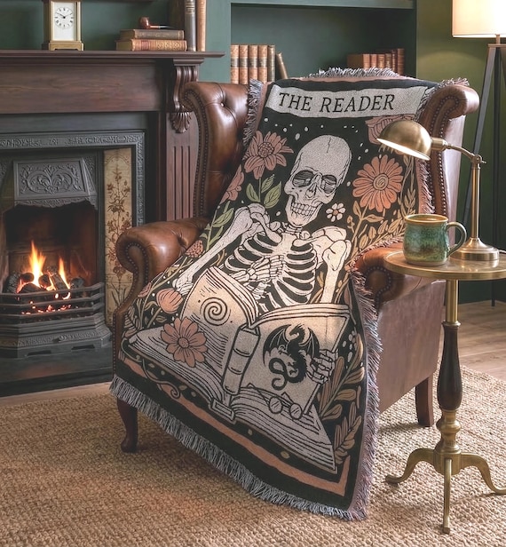 The Reader Tarot Woven Throw Blanket Book Lover Gift | Witchy Gothic Home Decor | Dark Academia Wall Hanging Tapestry