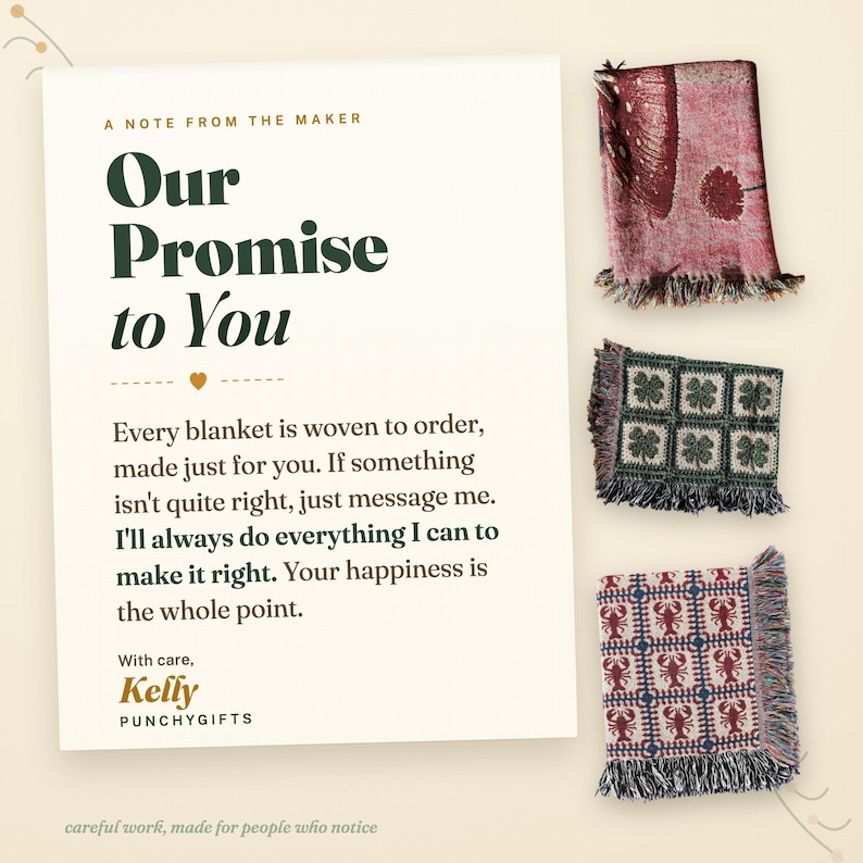 Our Promise to You card from PunchyGifts: every blanket is woven to order, made just for you, and if anything isn't quite right, message Kelly and she will make it right.