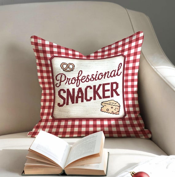 Decorative Throw Pillow, Red Gingham Faux Suede Cushion, Funny Cozy Home Decor Gift Professional Snack Lovers, Funny needlepoint pillow