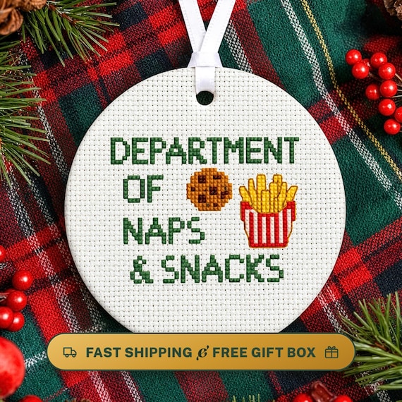 Junk Food Christmas Ornament, French Fries and Cookie, 3 Inch Ceramic, Cross Stitch Look