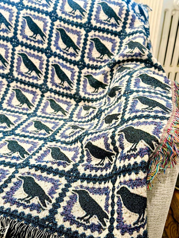 Retro Gothic Crow Tapestry Blanket, Witchy Cottagecore Woven Tapestry