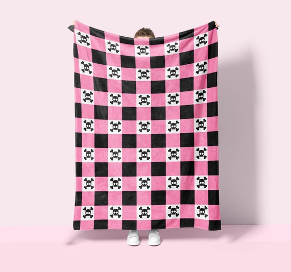 Cute Skeleton Throw Blanket Halloween Blanket Skull Crossbones Pastel Goth Blanket, Gift for Girls, Pink and Black Checkerboard Aesthetic