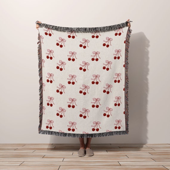 Cherry Bows Throw Blanket Coquette Room Decor, Pink Ribbon French Bow Girly Cottagecore Aesthetic, Cute College University Dorm Room Decor