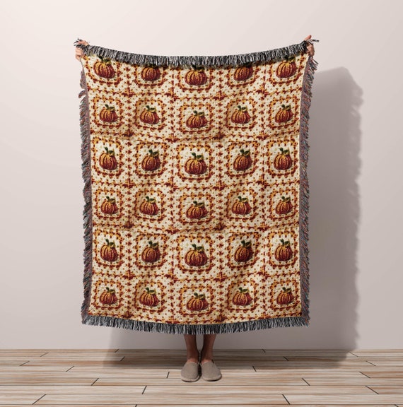 Fall Throw Blanket, Cozy Fall Decor, Woven Cotton Throw Blanket, Cottagecore Fall Granny Square Blanket Pumpkin Aesthetic, New Home Gift