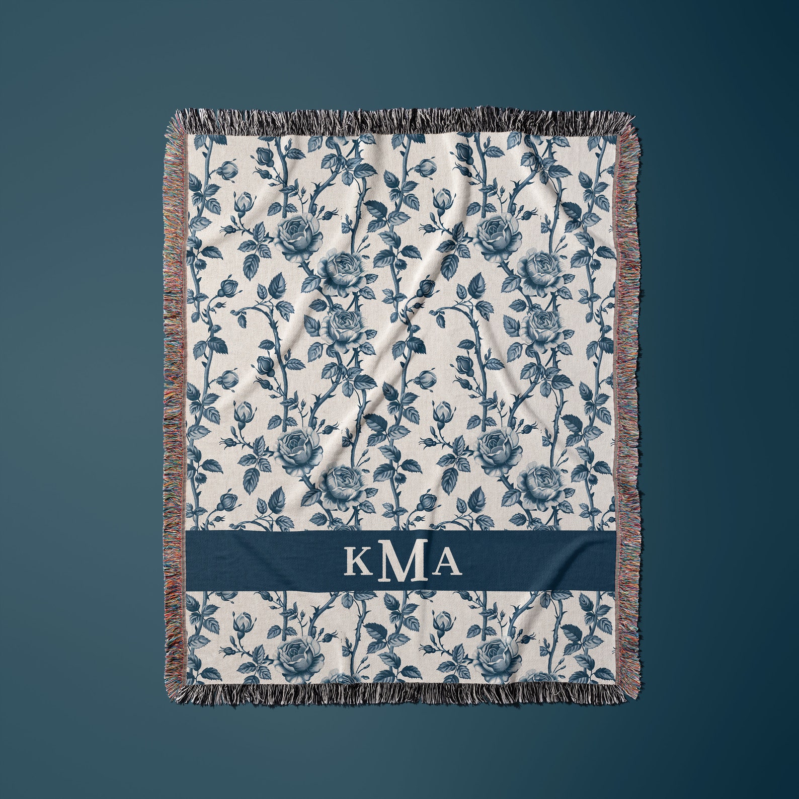 Personalized Woven Throw Blanket, Blue Toile Chinoiserie Floral Rose ...