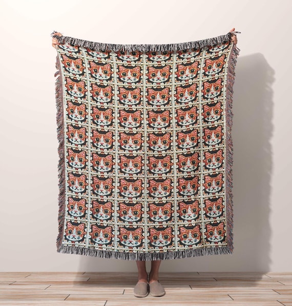 ORANGE Cat Throw Blanket,  Granny Square Ginger Tabby Cat Blanket, Cozy Orange Cat Lover Decor Gift for Sofa Bed Cozy Fall Decor