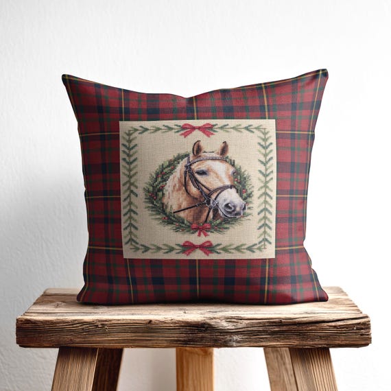 Plaid Horse Christmas Pillow, Equestrian Holiday Decor, Faux Needlepoint Pillow Cushion, Classic Preppy Lodge Style Christmas Home Gift