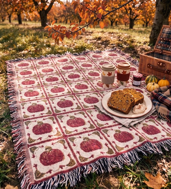 Fall Pumpkin Woven Throw Blanket, Jacquard Tapestry Blanket, Autumn Harvest Bedspread, Fringe Picnic Rug, Cozy Housewarming Decor