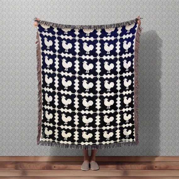 CHICKEN GRANNY SQUARE Throw Blanket | Black and White Woven Throw Blanket | Cottagecore Decor | Christmas Gift for Mom, Wife, Sister