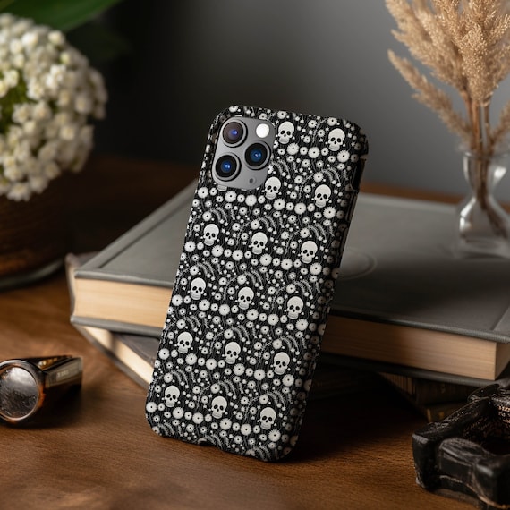 Magsafe Phone Case Gothic Floral Skull Embroidery Illustration | Works with iPhone 13 14 15 Pro Max | Black White Phone Case Goth Aesthetic
