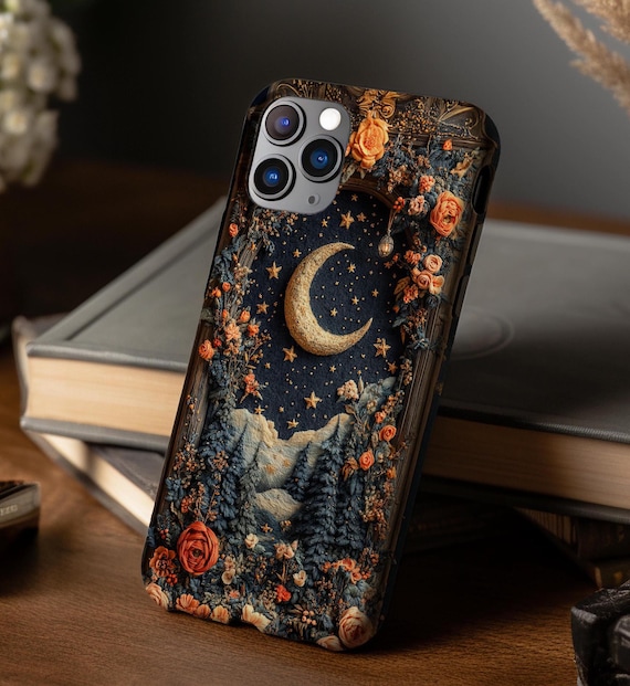 Celestial Moon Stars Magnetic Tough Case, Lunar Mountain Design, Protective Phone Cover, Embroidered Print Case works iPhone 13 14 15 16 17