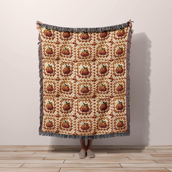 Fall Throw Blanket, Cozy Fall Decor, Woven Cotton Throw Blanket, Cottagecore Fall Granny Square Blanket Pumpkin Aesthetic, New Home Gift