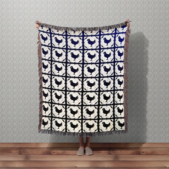 Homestead Throw Blanket Woven Blanket for Mom, Modern Farm Country Cottage Decor Aesthetic, Chicken Granny Square Blanket, MADE IN USA