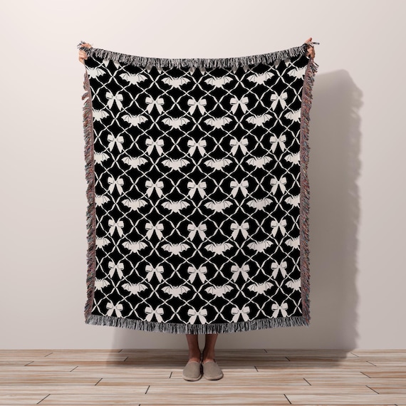 Soft Goth Halloween Blanket Bows Bats, Whimsigoth Decor Woven Throw Blanket Girly Coquette Bedding, Wall Art Tapestry Dark Cottagecore Gift