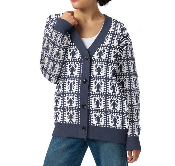 Lobster Sweater Unisex Button Up Cardigan, Granny Square Knit Sweater, Coastal Lightweight Winter Knitwear