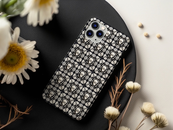 Goth Phone Case Magsafe Case for iPhone 13 14 15 max pro | Gothic Skull Aesthetic Dark Academia Granny Square Black and White | Punk Rock