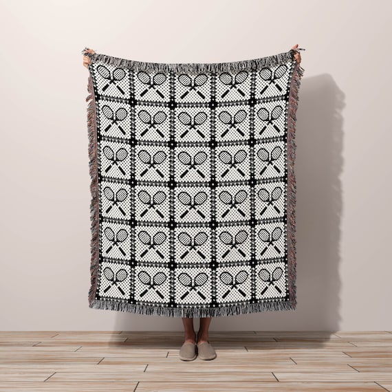 Tennis Woven Throw Blanket Black and White Home Decor | Racquet Country Club Aesthetic Bedding | Tennis Lover Gift Sports Fan Granny Square