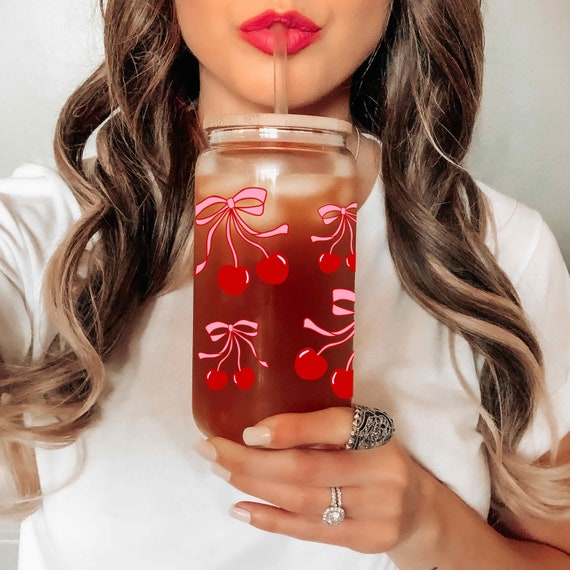 Red Cherries Pink Bows Glass Can Tumbler | Dishwasher Safe 16 oz Glass Cup | Valentine's Day Gift | Preppy Coquette Aesthetic | Girly