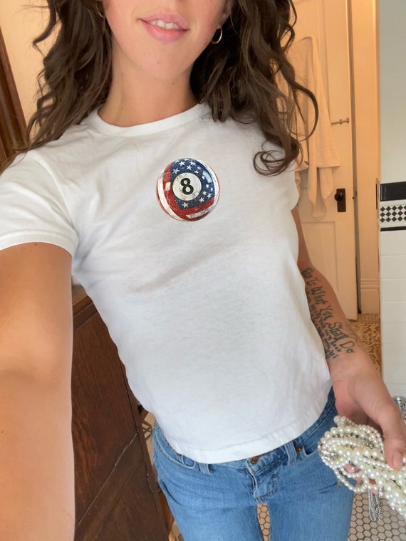 8 Ball Baby Tee Grunge 4th of July 2000s Crop Top T, Retro 90s baby tee aesthetic, Cute Summer Top, XS women's t-shirt, Red White Blue