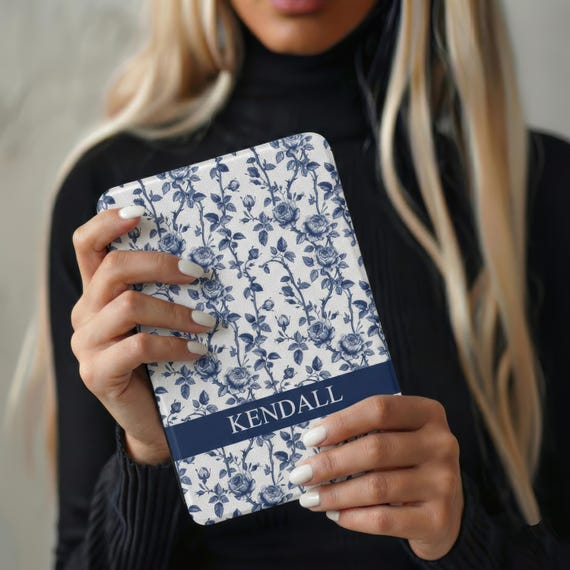 Custom Name Rose Toile Kindle Case | Navy Blue Floral Gift | Fits Kindle Case Paperwhite 7 Colorsoft 12th Gen 2024 | Personalized Book Lover