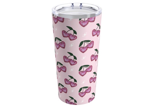 Disco Cherry Hearts Drink Tumbler, Hot or Cold Beverage Travel Mug, Pink Retro Lovecore Aesthetic 20 ounce Tumbler Cute Roommate Gift