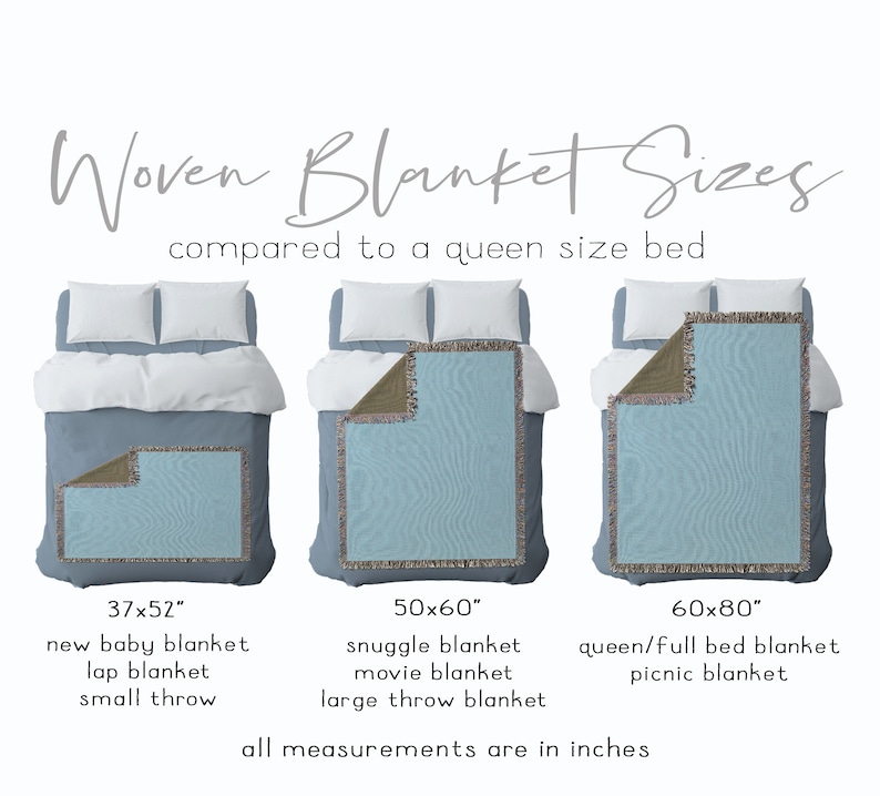 May include: Image showing woven blanket sizes compared to a queen-size bed. The image displays three blankets: 37x52 inches, 50x60 inches, and 60x80 inches. Each blanket is shown on a bed, with text indicating the blanket type and size.