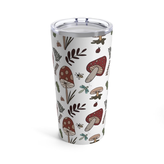 Mushroom Toadstool Forest Drink Tumbler | Cottagecore Cup, Stainless Steel Double Wall Interior | 20 oz. Hot Cold Coffee, Water Bottle |