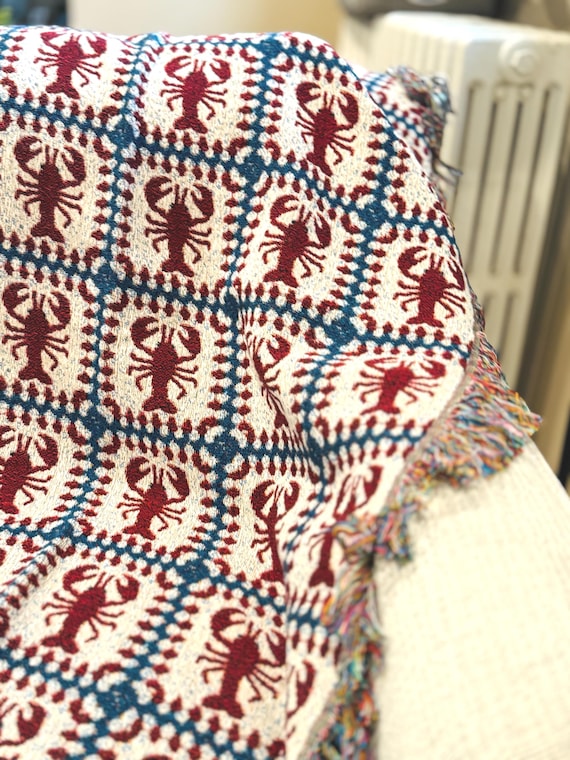 Lobster Granny Square Woven Throw Blanket, Fisherman Coastal Cottagecore Decor Gift