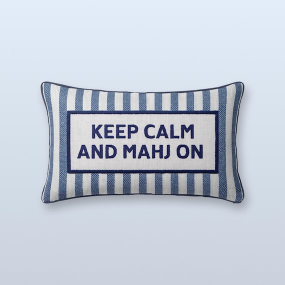 Mahjong Lumbar Pillow, Blue Striped Cotton Blend, PRINTED DESIGN Keep Calm and Mahj On, 16x26