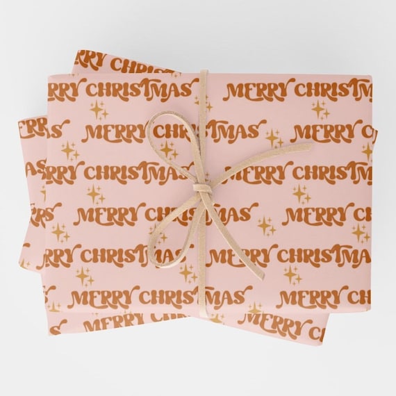 Boho Merry Christmas Sparkles Holiday Wrapping Paper | Thick Quality Rolled Sheets | Boho Xmas Aesthetic |  Cute Unique Gift Wrap | Pink