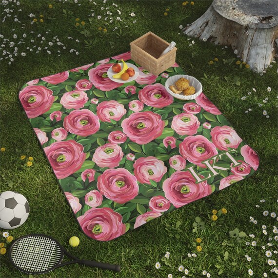 CUSTOM PICNIC Blanket Country Cottage Aesthetic, Personalized Monogram Floral Outdoor Blanket Gift for Mom, Unique Cottagecore  pink green