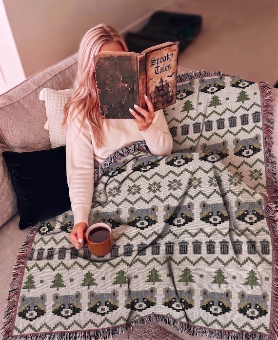 Raccoon Throw Blanket, Cute Trash Panda Woven Cream Cotton Bedding, Funny Meme Gift